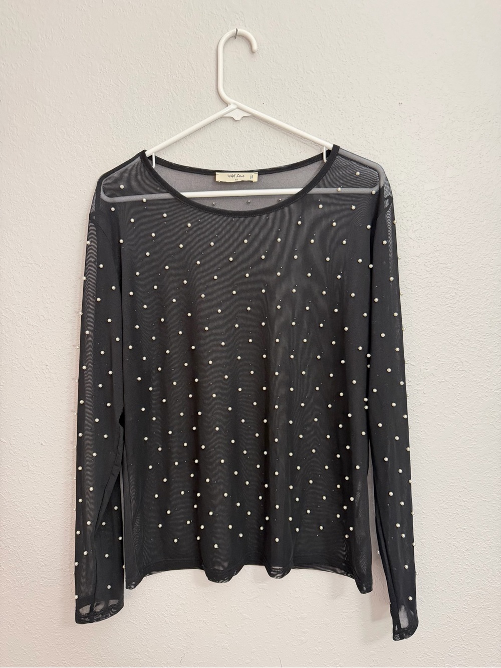 Black Mesh Long-Sleeve with Pearl Accents Concert Festival Top